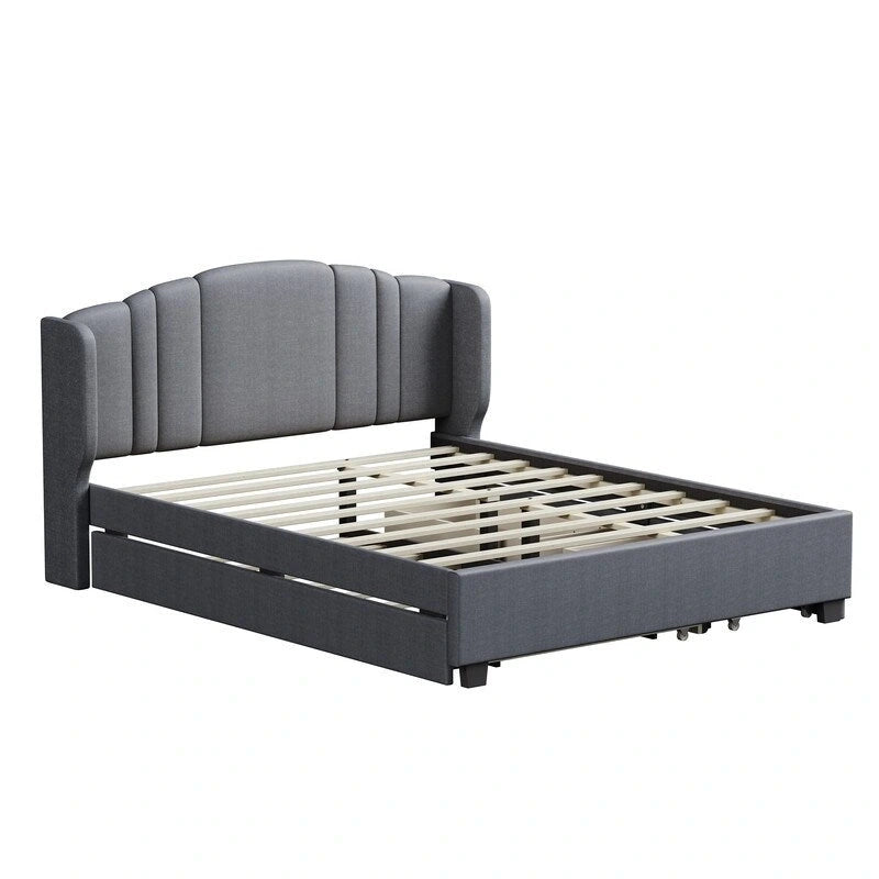Letto imbottito in lino Queen grigio/beige/rosa con letto estraibile singolo e 2 cassetti