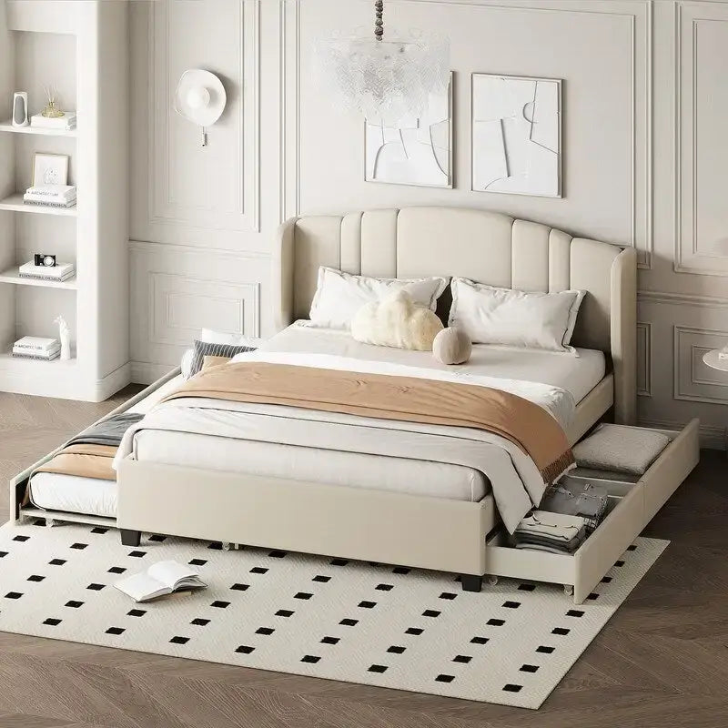 Letto imbottito in lino Queen grigio/beige/rosa con letto estraibile singolo e 2 cassetti