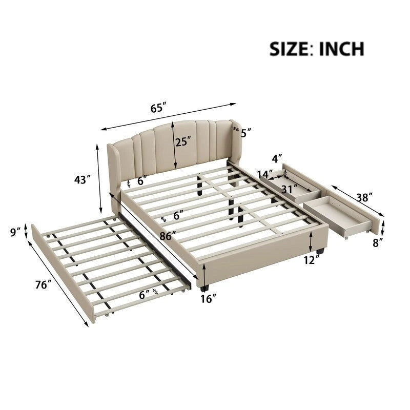 Letto imbottito in lino Queen grigio/beige/rosa con letto estraibile singolo e 2 cassetti