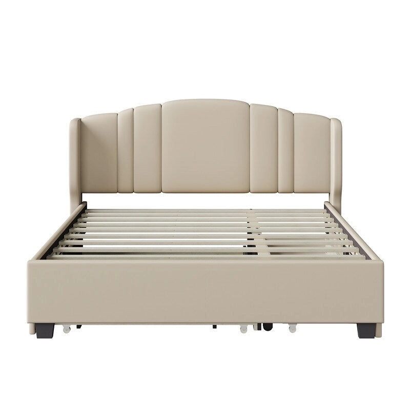 Letto imbottito in lino Queen grigio/beige/rosa con letto estraibile singolo e 2 cassetti