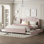 Letto imbottito in lino Queen grigio/beige/rosa con letto estraibile singolo e 2 cassetti
