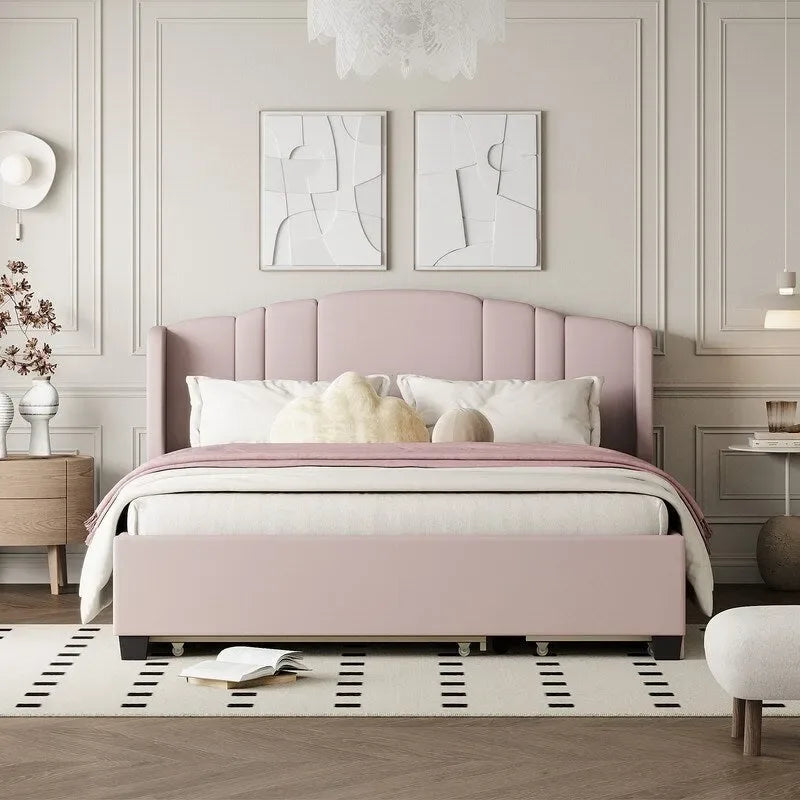 Letto imbottito in lino Queen grigio/beige/rosa con letto estraibile singolo e 2 cassetti