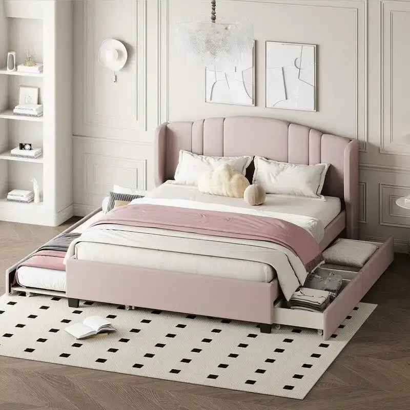 Letto imbottito in lino Queen grigio/beige/rosa con letto estraibile singolo e 2 cassetti
