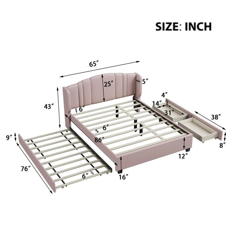 Letto imbottito in lino Queen grigio/beige/rosa con letto estraibile singolo e 2 cassetti