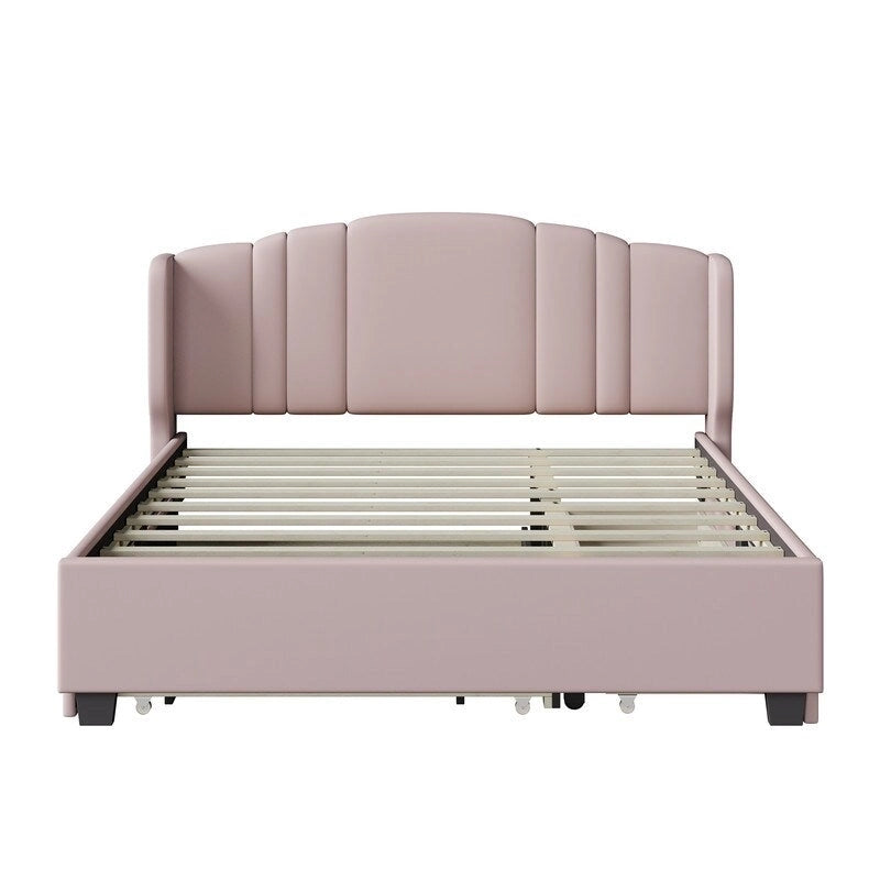 Letto imbottito in lino Queen grigio/beige/rosa con letto estraibile singolo e 2 cassetti