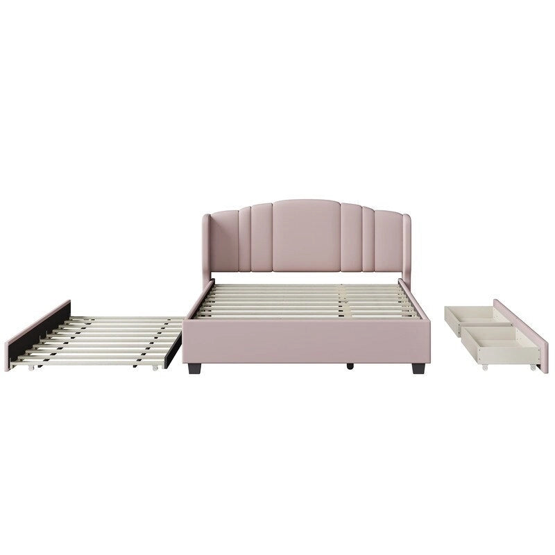 Letto imbottito in lino Queen grigio/beige/rosa con letto estraibile singolo e 2 cassetti
