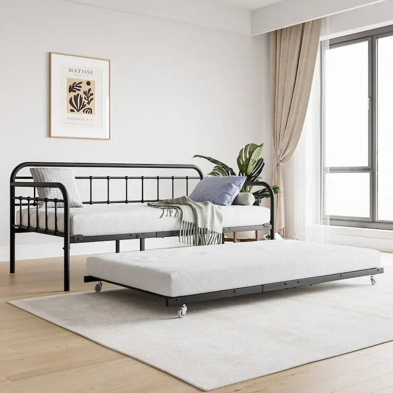Struttura letto a giorno in metallo nero, per due persone, con letto estraibile