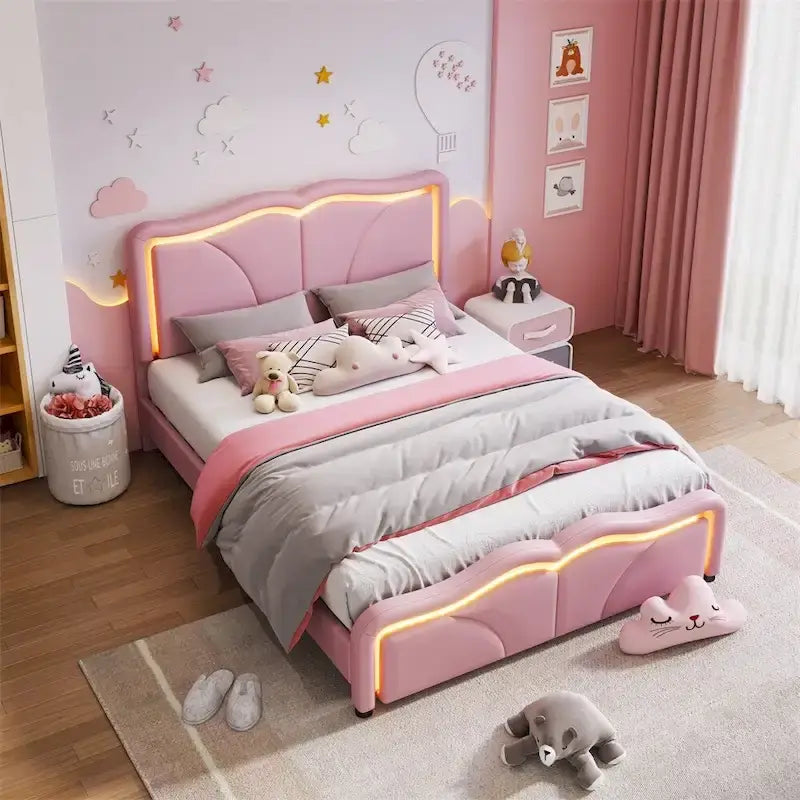 Letto a piattaforma imbottito a LED matrimoniale con testiera regolabile, rosa/bianco, adatto a 1-2 persone