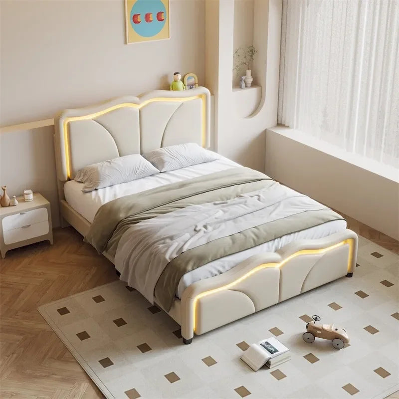 Letto a piattaforma imbottito a LED matrimoniale con testiera regolabile, rosa/bianco, adatto a 1-2 persone