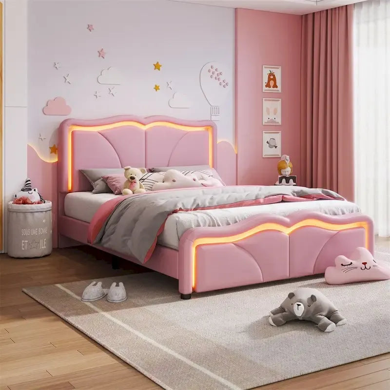 Letto a piattaforma imbottito a LED matrimoniale con testiera regolabile, rosa/bianco, adatto a 1-2 persone
