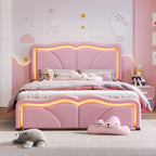 Letto a piattaforma imbottito a LED matrimoniale con testiera regolabile, rosa/bianco, adatto a 1-2 persone