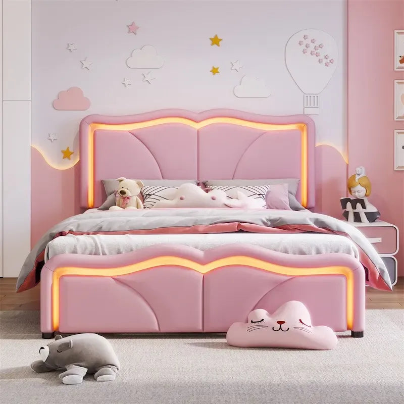 Letto a piattaforma imbottito a LED matrimoniale con testiera regolabile, rosa/bianco, adatto a 1-2 persone