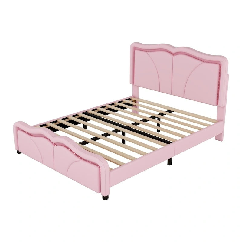 Letto a piattaforma imbottito a LED matrimoniale con testiera regolabile, rosa/bianco, adatto a 1-2 persone
