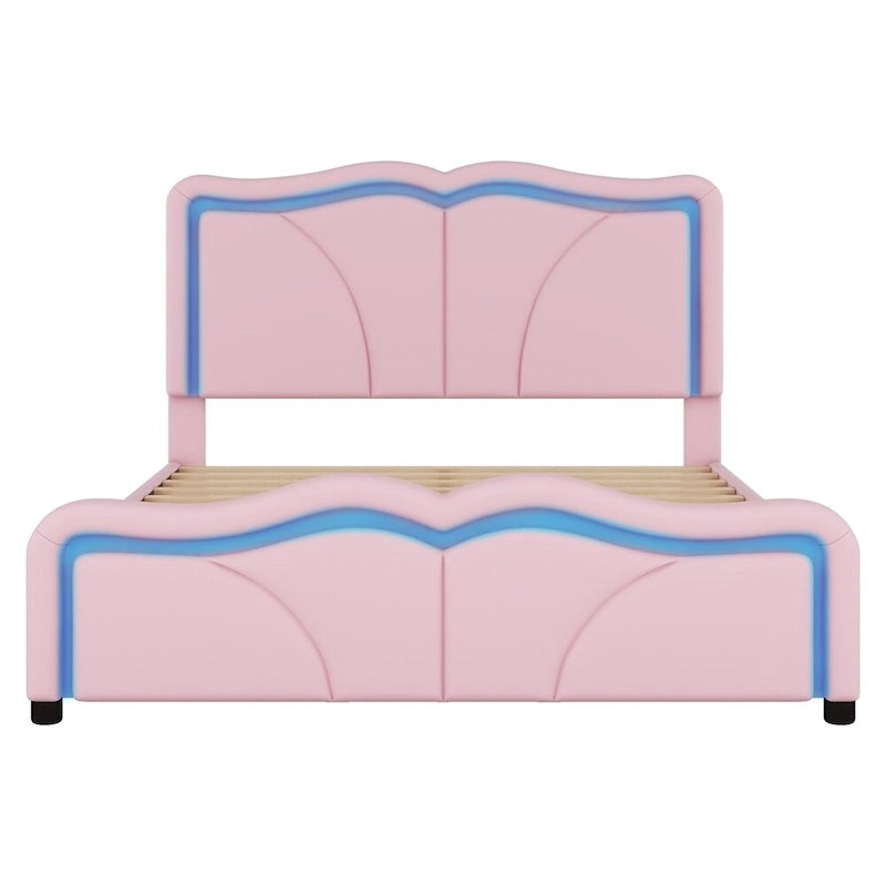 Letto a piattaforma imbottito a LED matrimoniale con testiera regolabile, rosa/bianco, adatto a 1-2 persone