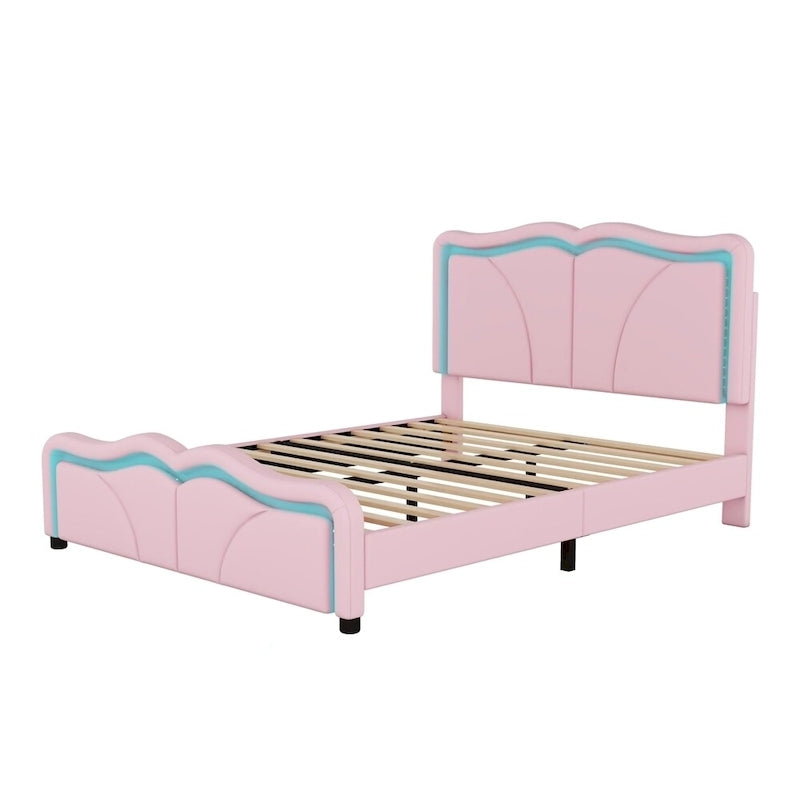 Letto a piattaforma imbottito a LED matrimoniale con testiera regolabile, rosa/bianco, adatto a 1-2 persone