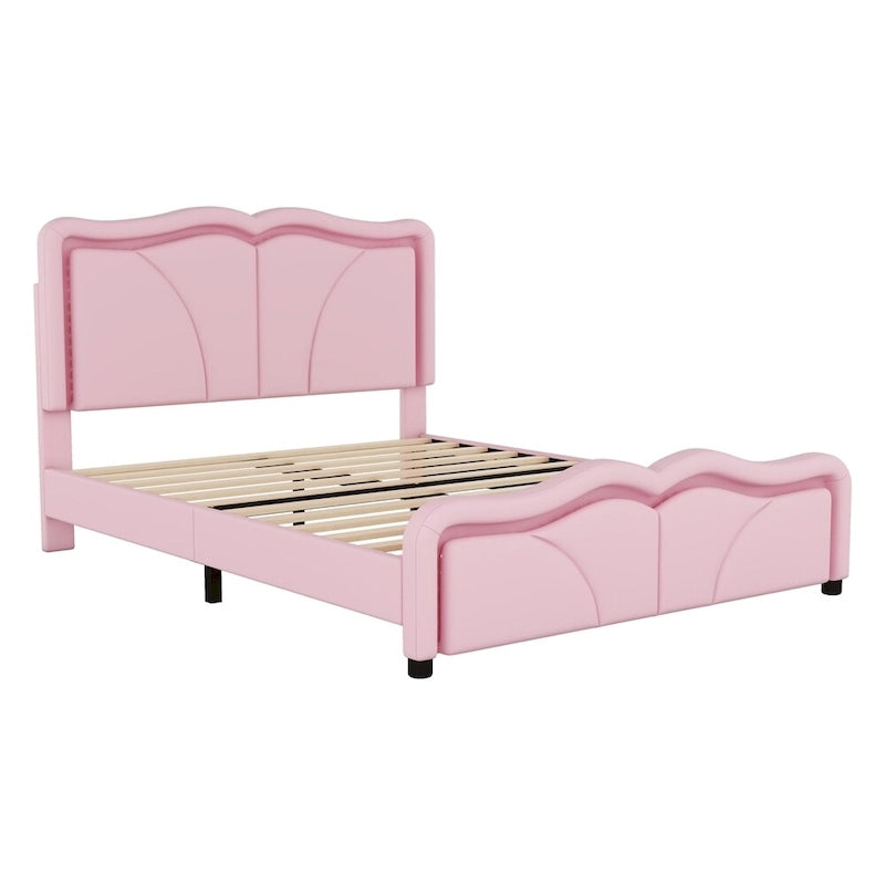 Letto a piattaforma imbottito a LED matrimoniale con testiera regolabile, rosa/bianco, adatto a 1-2 persone