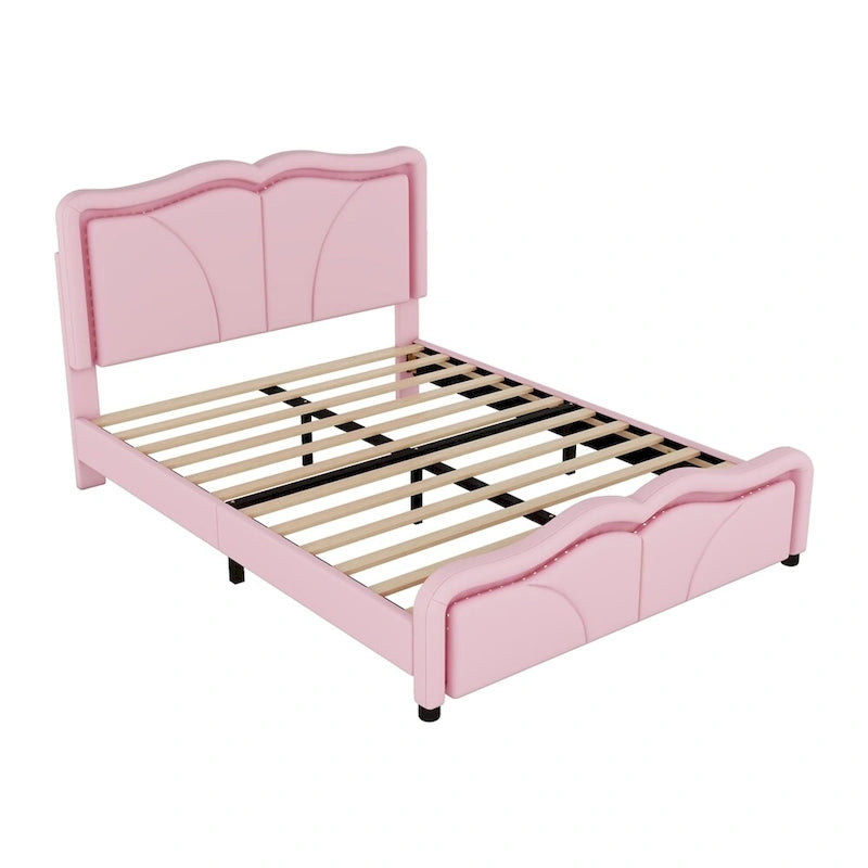 Letto a piattaforma imbottito a LED matrimoniale con testiera regolabile, rosa/bianco, adatto a 1-2 persone
