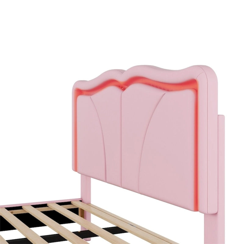 Letto a piattaforma imbottito a LED matrimoniale con testiera regolabile, rosa/bianco, adatto a 1-2 persone
