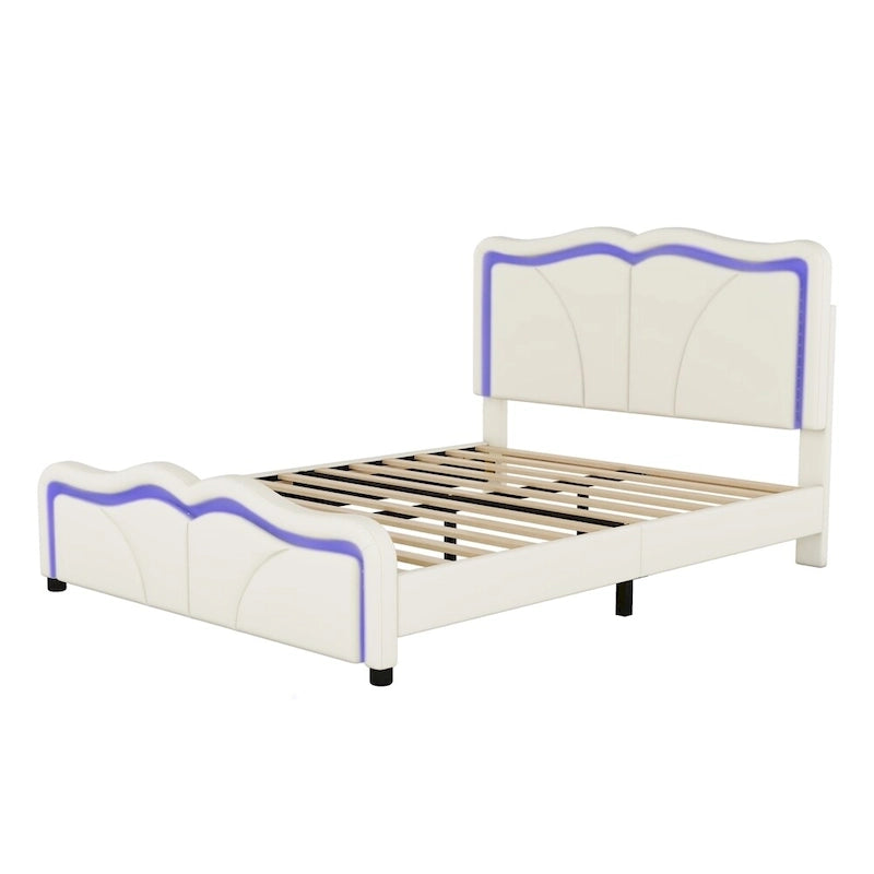 Letto a piattaforma imbottito a LED matrimoniale con testiera regolabile, rosa/bianco, adatto a 1-2 persone