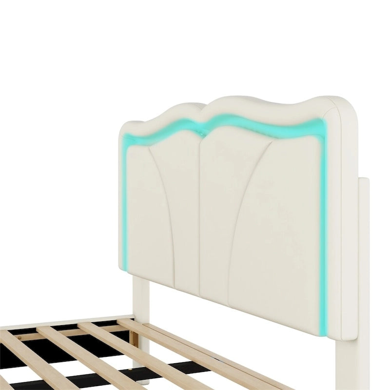 Letto a piattaforma imbottito a LED matrimoniale con testiera regolabile, rosa/bianco, adatto a 1-2 persone