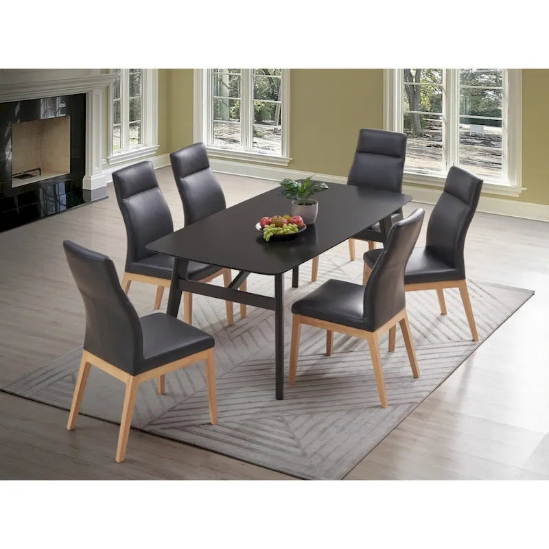Sedia Laterale in Pelle Nera, Finitura Noce, Set da 2