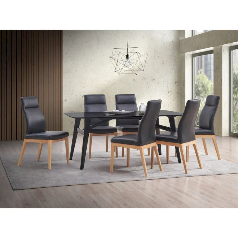 Sedia Laterale in Pelle Nera, Finitura Noce, Set da 2