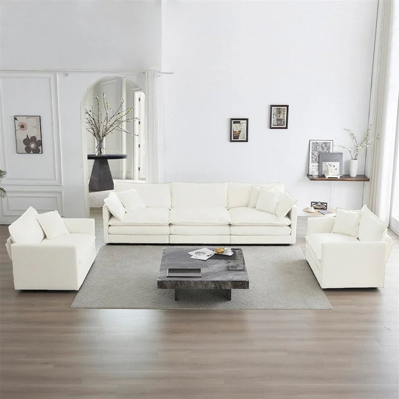 Set divano 3 pezzi in ciniglia bianca, 5 posti (2 poltrone + 1 divanetto)