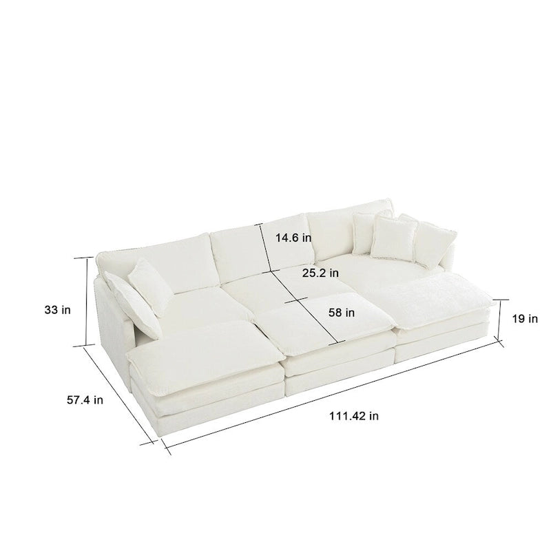 Set divano 3 pezzi in ciniglia bianca, 5 posti (2 poltrone + 1 divanetto)