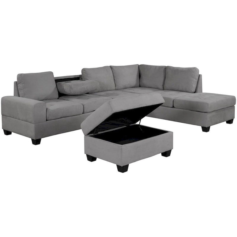 Divano componibile a L in velluto grigio con chaise longue reversibile – 6 posti