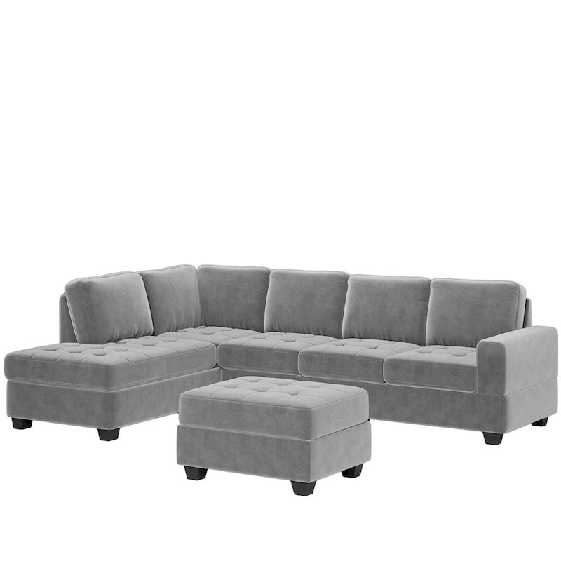 Divano componibile a L in velluto grigio con chaise longue reversibile – 6 posti