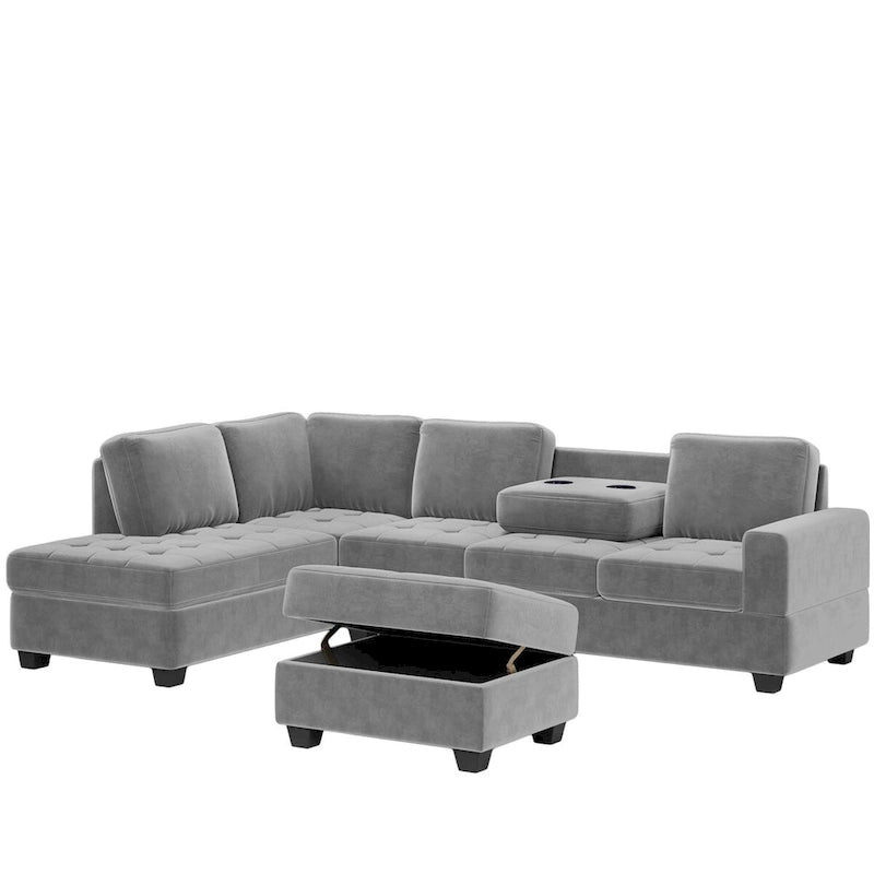Divano componibile a L in velluto grigio con chaise longue reversibile – 6 posti