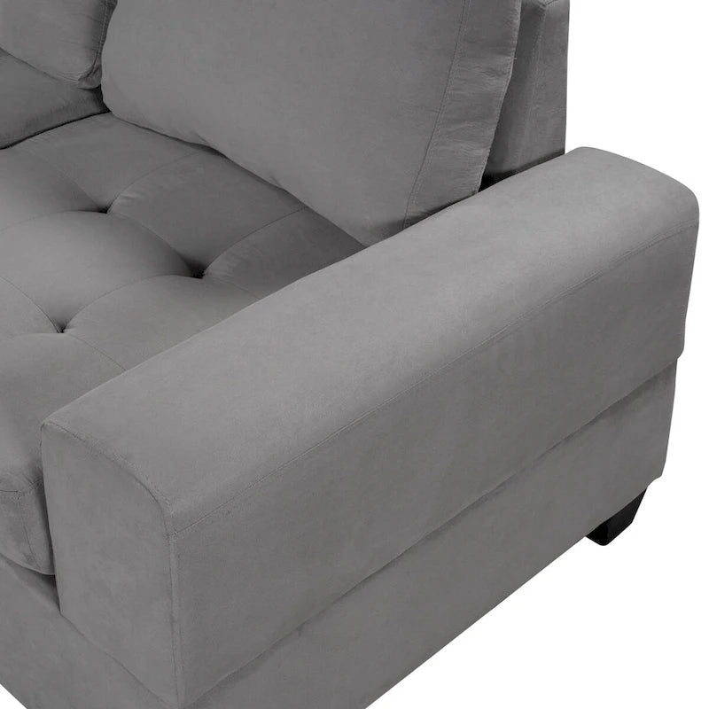 Divano componibile a L in velluto grigio con chaise longue reversibile – 6 posti