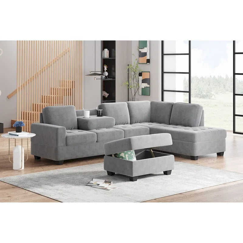 Divano componibile a L in velluto grigio con chaise longue reversibile – 6 posti