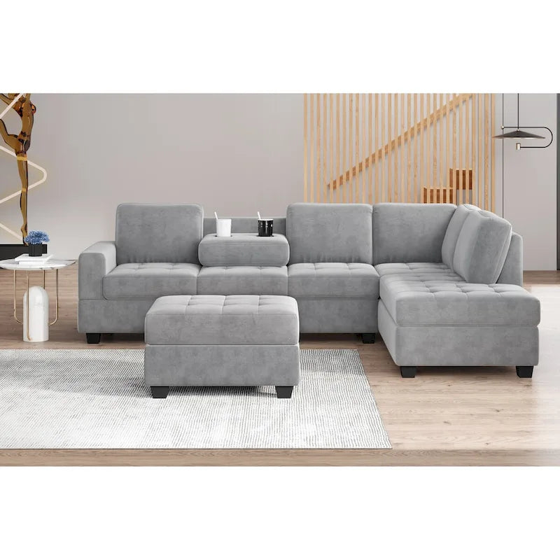 Divano componibile a L in velluto grigio con chaise longue reversibile – 6 posti