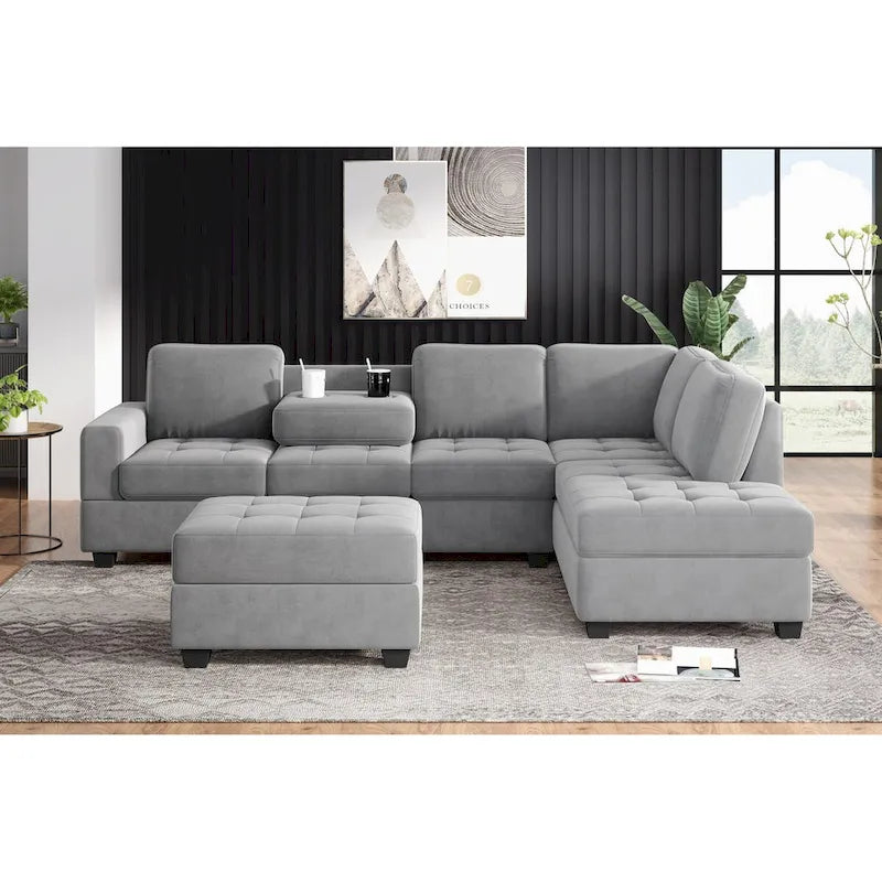 Divano componibile a L in velluto grigio con chaise longue reversibile – 6 posti