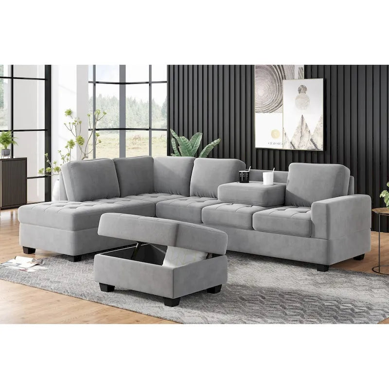 Divano componibile a L in velluto grigio con chaise longue reversibile – 6 posti