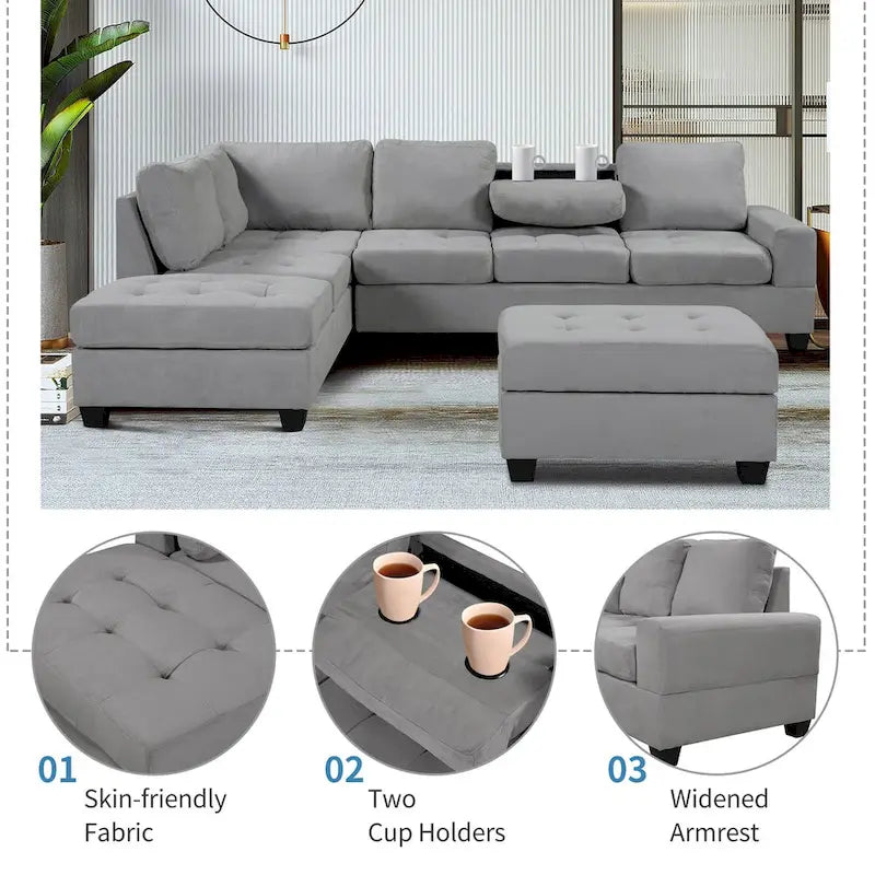 Divano componibile a L in velluto grigio con chaise longue reversibile – 6 posti