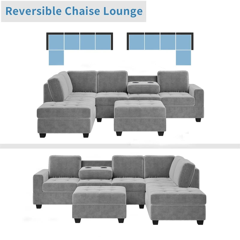 Divano componibile a L in velluto grigio con chaise longue reversibile – 6 posti