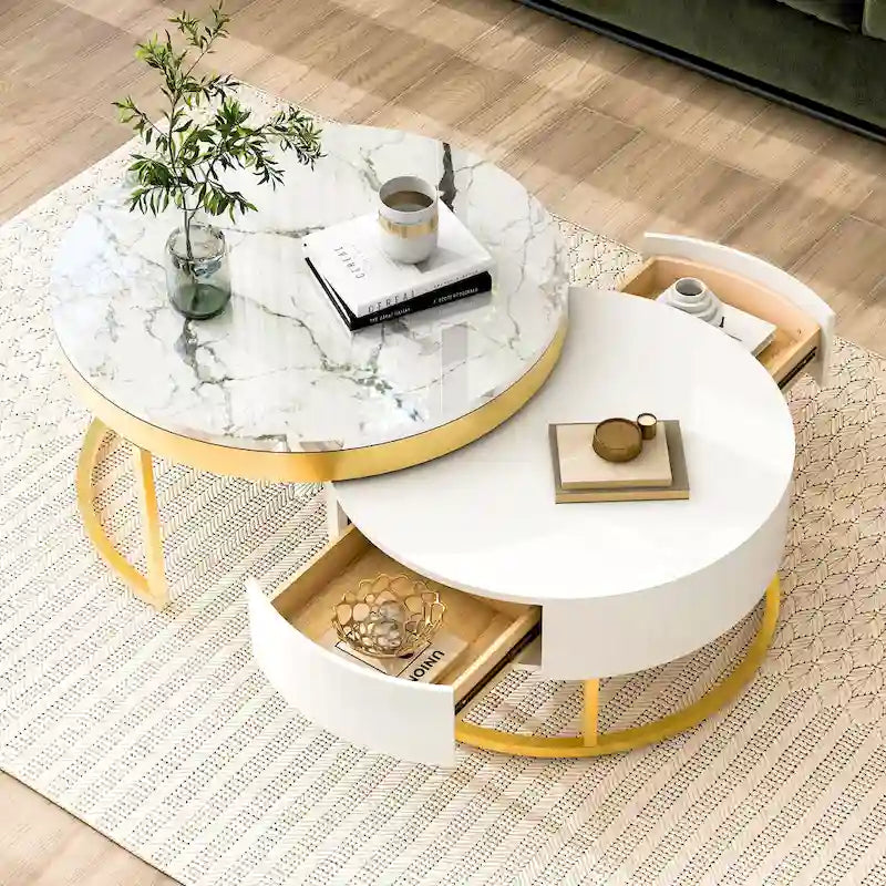 Tavolini da caffè rotondi impilabili bianchi e oro, set da 2, stile moderno con cassetti