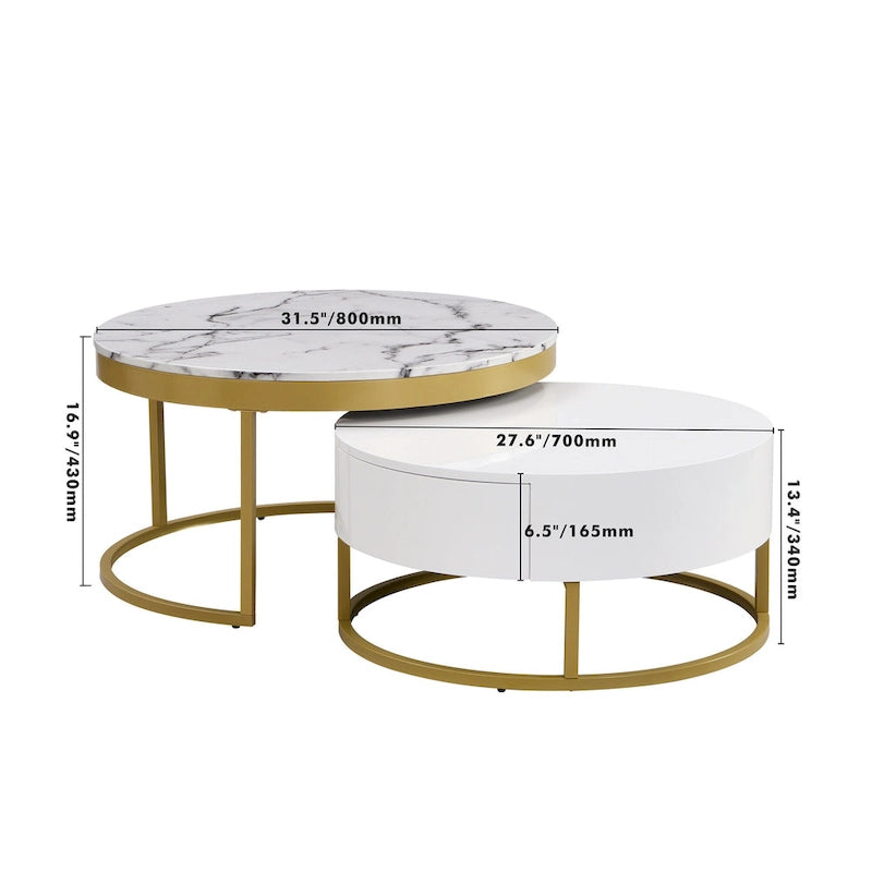 Tavolini da caffè rotondi impilabili bianchi e oro, set da 2, stile moderno con cassetti