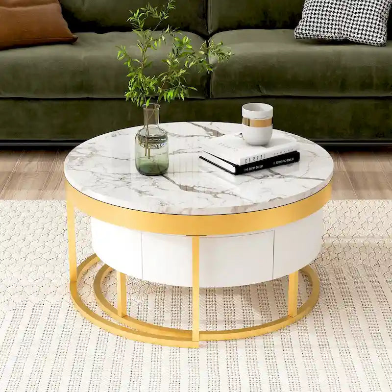 Tavolini da caffè rotondi impilabili bianchi e oro, set da 2, stile moderno con cassetti