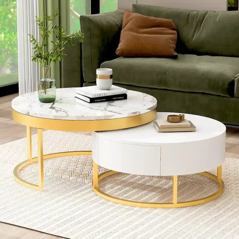 Tavolini da caffè rotondi impilabili bianchi e oro, set da 2, stile moderno con cassetti