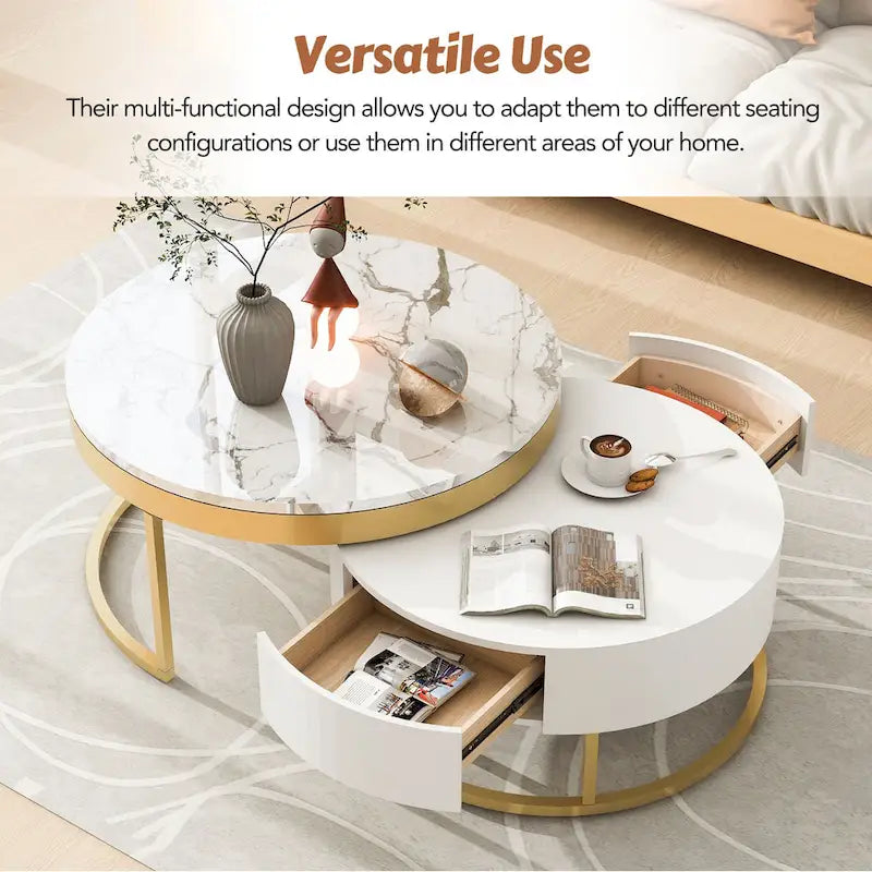 Tavolini da caffè rotondi impilabili bianchi e oro, set da 2, stile moderno con cassetti