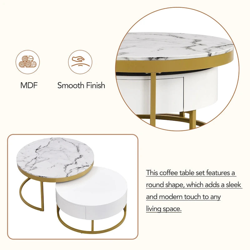 Tavolini da caffè rotondi impilabili bianchi e oro, set da 2, stile moderno con cassetti