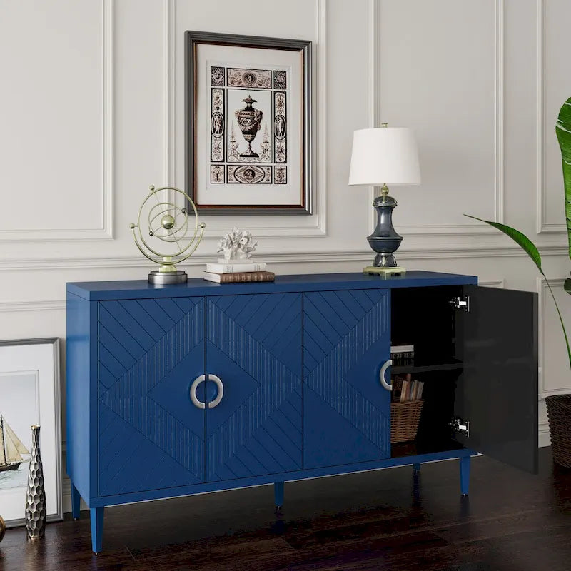 Mobiletto contenitore a 4 ante – Blu navy / Champagne / Blu | MDF e gambe in pino | Montaggio da 1 persona