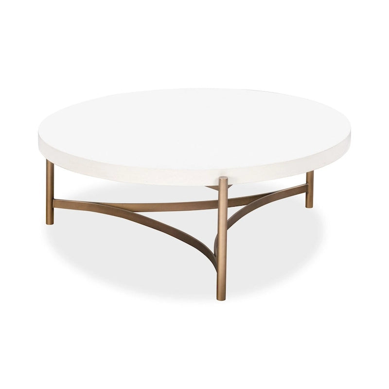 Tavolino da caffè rotondo con piano in cemento bianco, base a treppiede color bronzo, 1 persona