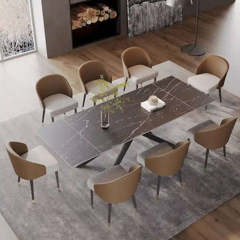 Set da pranzo estensibile in pietra sinterizzata, rosso/nero/marrone e grigio, 9 pezzi, 8 posti a sedere