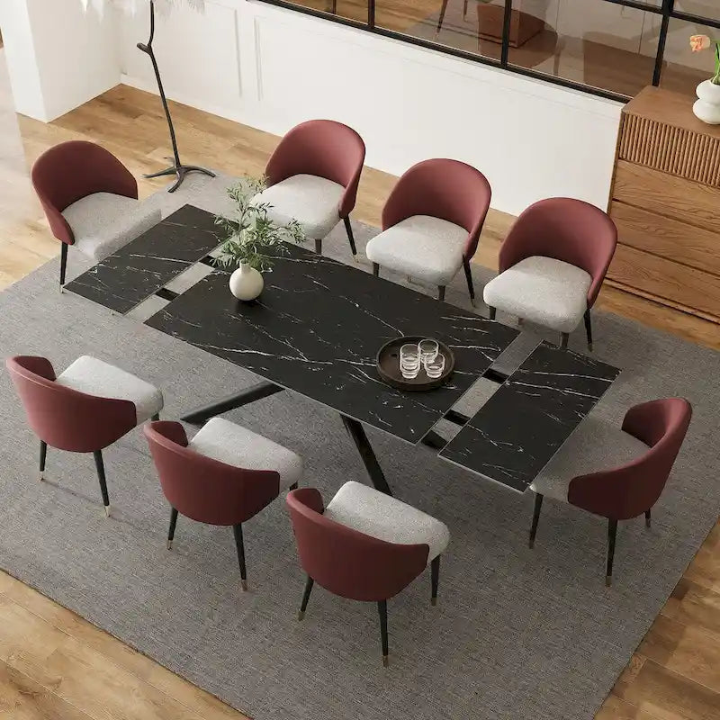 Set da pranzo estensibile in pietra sinterizzata, rosso/nero/marrone e grigio, 9 pezzi, 8 posti a sedere