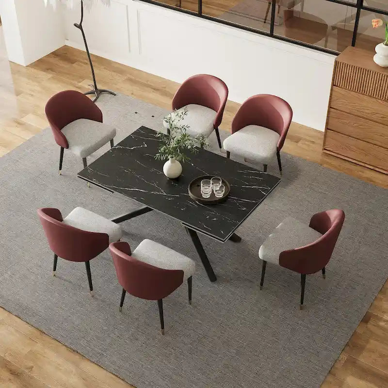 Set da pranzo estensibile in pietra sinterizzata, rosso/nero/marrone e grigio, 9 pezzi, 8 posti a sedere
