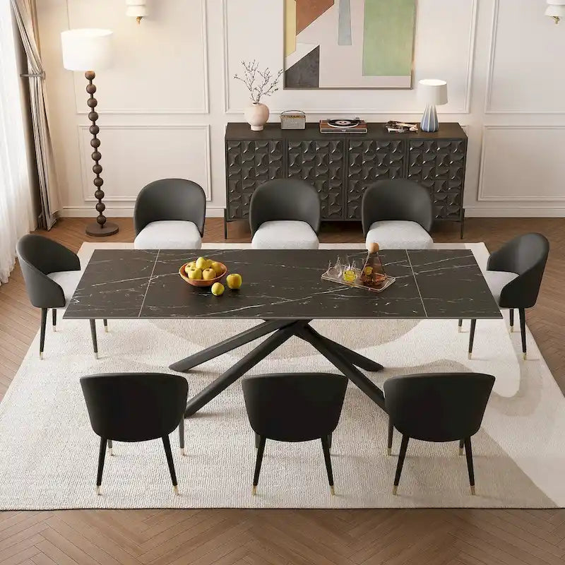 Set da pranzo estensibile in pietra sinterizzata, rosso/nero/marrone e grigio, 9 pezzi, 8 posti a sedere